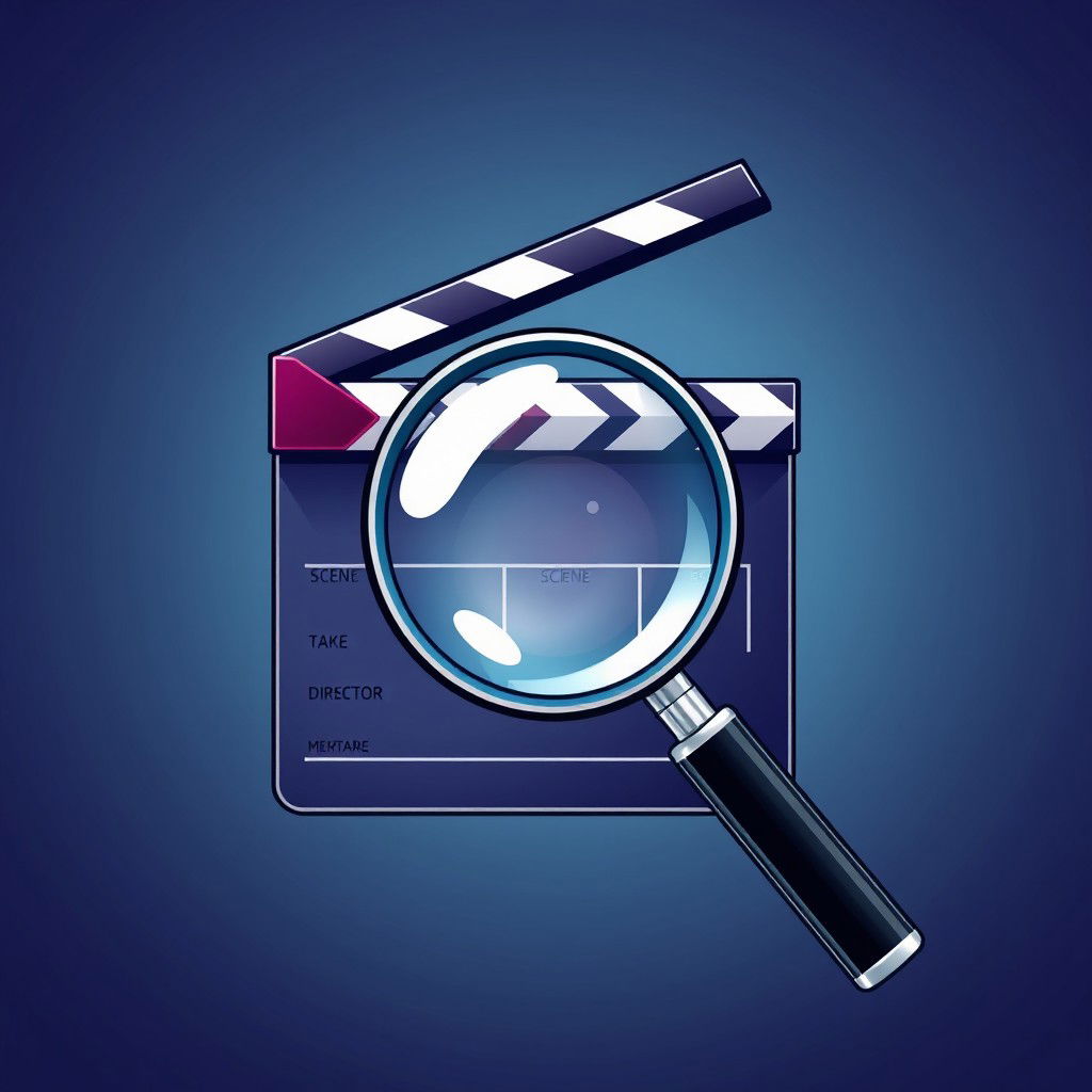 A stylish and modern graphic illustration featuring a magnifying glass prominently positioned over a classic film clapperboard