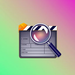 A stylish and modern graphic illustration featuring a magnifying glass prominently positioned over a classic film clapperboard