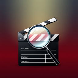 A stylish and modern graphic illustration featuring a magnifying glass prominently positioned over a classic film clapperboard