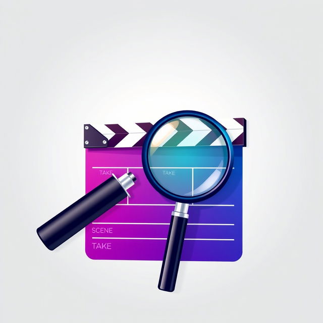A stylish and modern graphic illustration featuring a magnifying glass prominently positioned over a classic film clapperboard