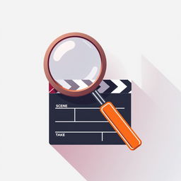 A sleek and minimalist graphic design featuring a magnifying glass intricately placed over a small film clapperboard