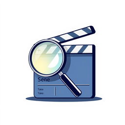 A sleek and minimalist graphic design featuring a magnifying glass intricately placed over a small film clapperboard