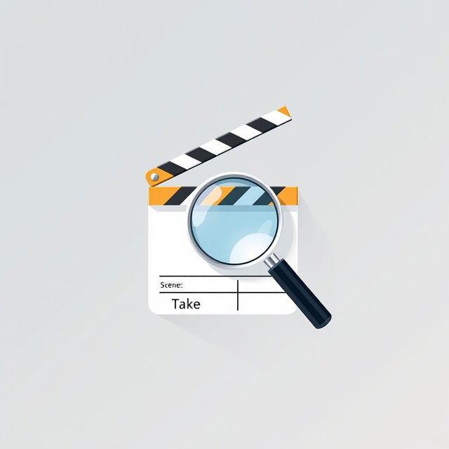 A sleek and minimalist graphic design featuring a magnifying glass intricately placed over a small film clapperboard