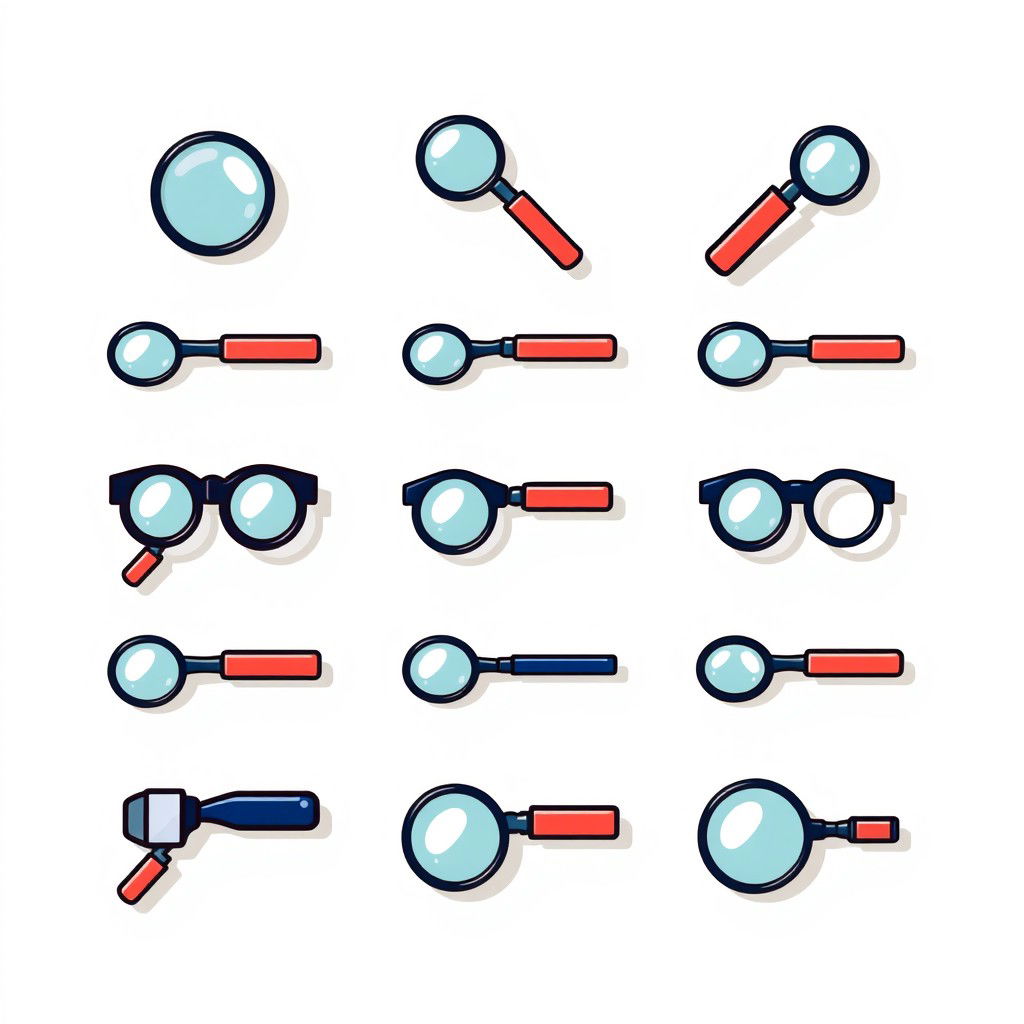 A collection of various stylish icons of magnifying glasses, showcasing different designs and styles
