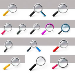 A collection of various stylish icons of magnifying glasses, showcasing different designs and styles