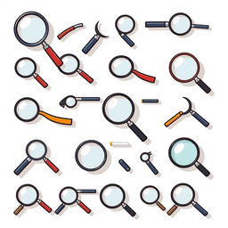 A collection of various stylish icons of magnifying glasses, showcasing different designs and styles