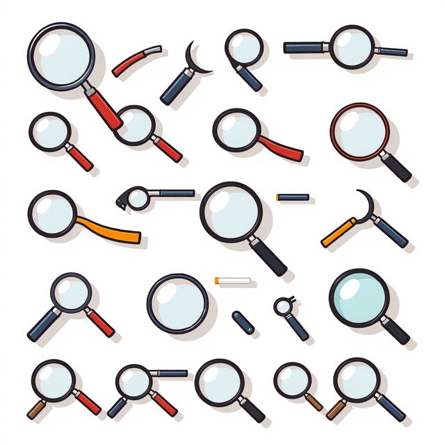 A collection of various stylish icons of magnifying glasses, showcasing different designs and styles