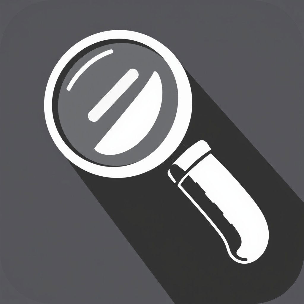 A bold black and white icon of a large magnifying glass, featuring a thick handle and a wide lens to emphasize its size