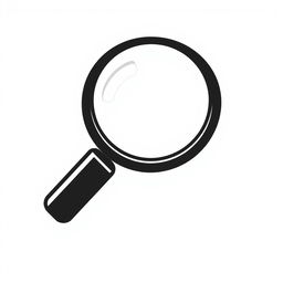 A bold black and white icon of a large magnifying glass, featuring a thick handle and a wide lens to emphasize its size