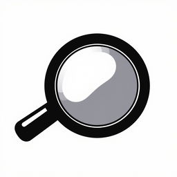 A bold black and white icon of a large magnifying glass, featuring a thick handle and a wide lens to emphasize its size