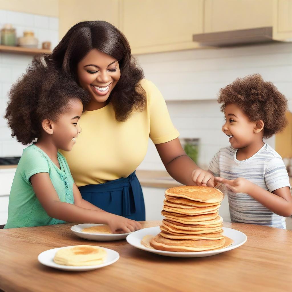 A cheerful, curvy mother lovingly serving a stack of fluffy pancakes to her excited children in a cozy kitchen.