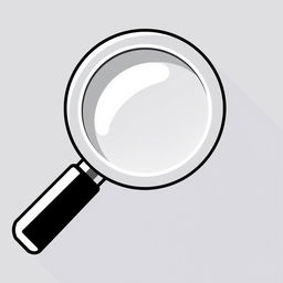 A bold black and white icon of a large magnifying glass, featuring a thick handle and a wide lens to emphasize its size