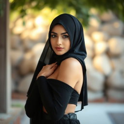 A beautiful woman in a black hijab, subtly revealing her top to display her figure, set in a graceful pose