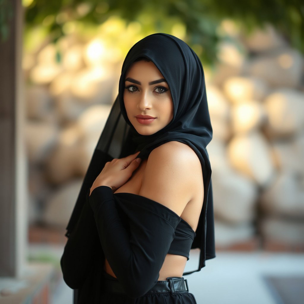 A beautiful woman in a black hijab, subtly revealing her top to display her figure, set in a graceful pose