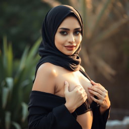 A beautiful woman in a black hijab, subtly revealing her top to display her figure, set in a graceful pose