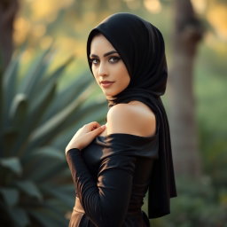 A beautiful woman in a black hijab, subtly revealing her top to display her figure, set in a graceful pose