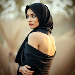 A beautiful woman in a black hijab, subtly revealing her top to display her figure, set in a graceful pose