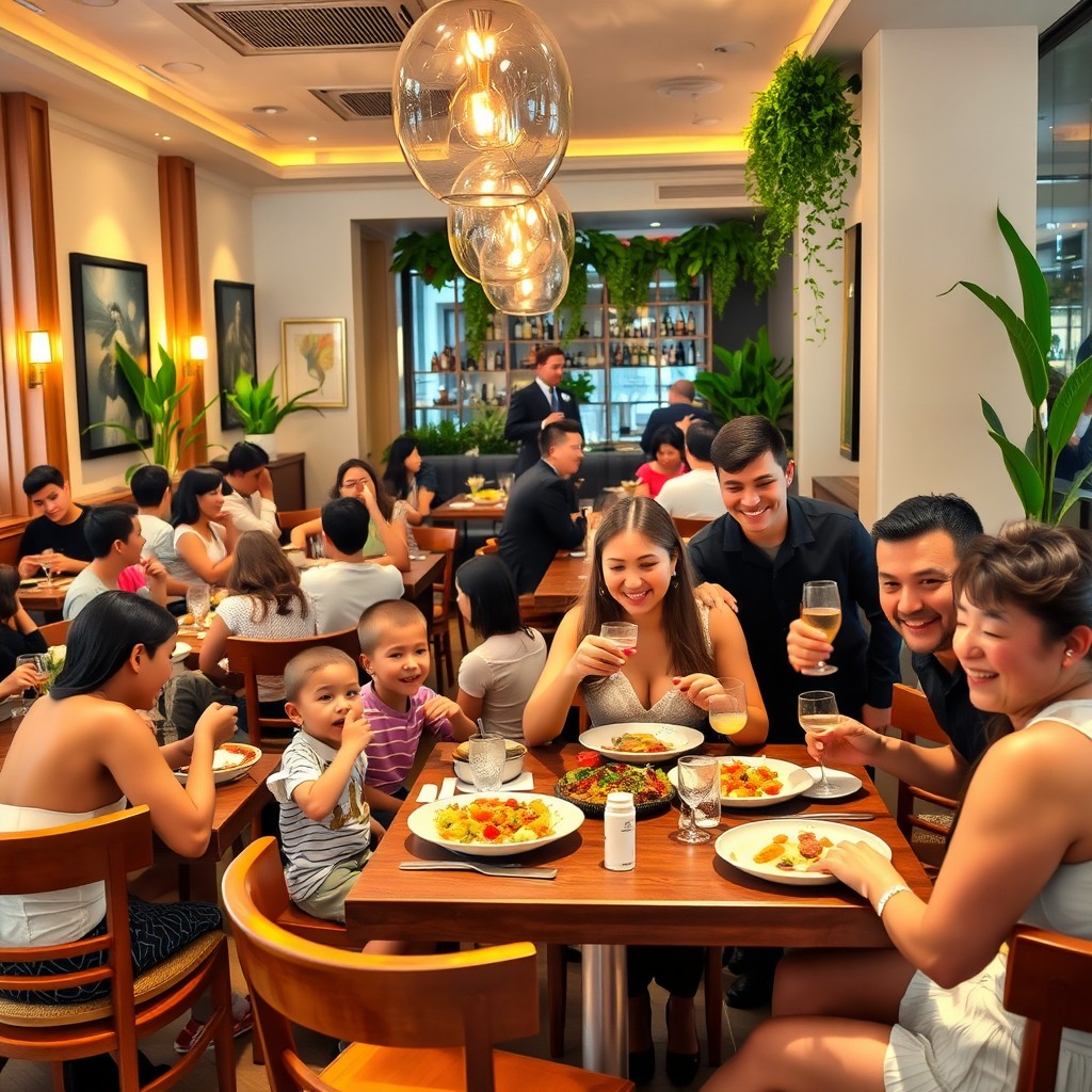 A vibrant and bustling restaurant scene featuring a diverse group of people enjoying their meals