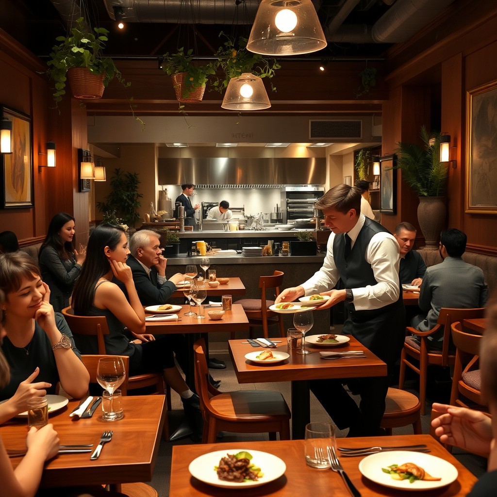 A vibrant and inviting restaurant scene featuring a cozy indoor dining area with elegant wooden tables set for a delicious meal