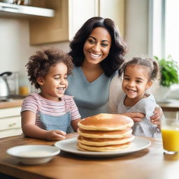 A cheerful, curvy mother lovingly serving a stack of fluffy pancakes to her excited children in a cozy kitchen.