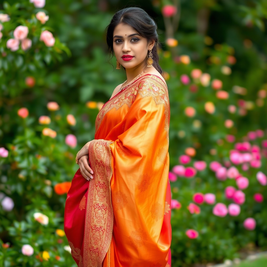 A beautiful woman draped in a vibrant and intricately designed saree, exuding elegance and charm
