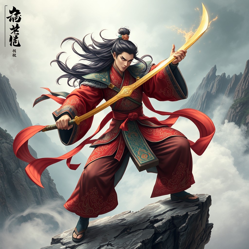 A heroic wuxia character in a dramatic pose, wearing intricate traditional Chinese martial arts robes adorned with elaborate embroidery