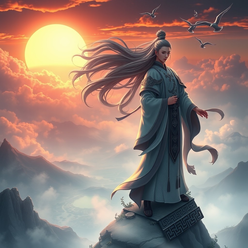 A breathtaking xianxia scene featuring a powerful, immortal-looking cultivator standing on a misty mountain peak, surrounded by ethereal clouds and a vibrant sunset sky