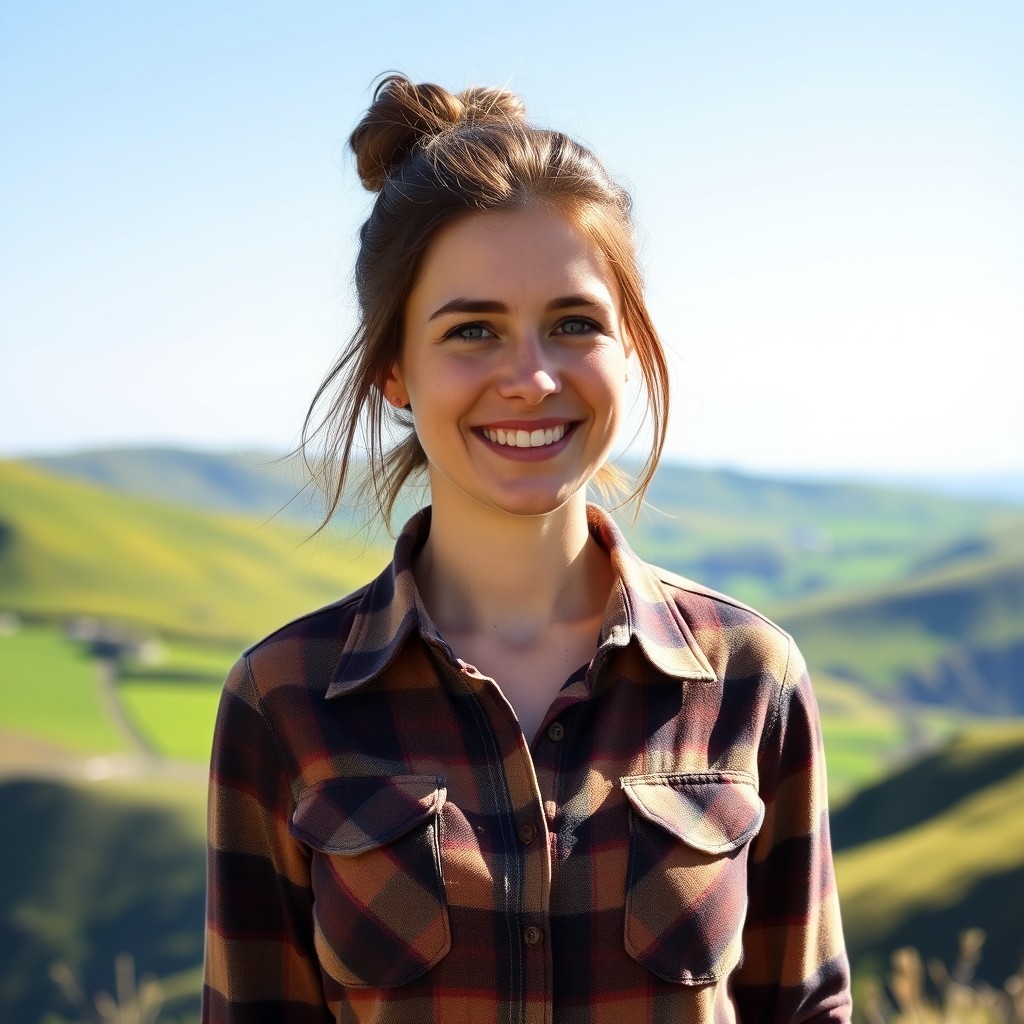 A tall Irish woman in her early 30s with striking brunette hair styled in a bun, wearing a cozy plaid shirt