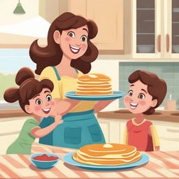 A cheerful, curvy mother lovingly serving a stack of fluffy pancakes to her excited children in a cozy kitchen.