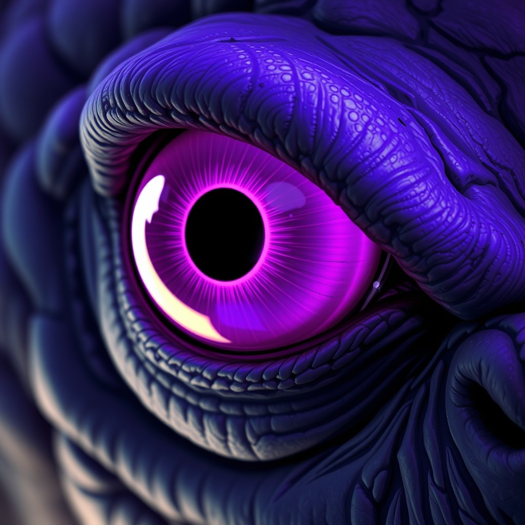 A close-up illustration of a monster's eye, vividly glowing purple, showcasing intricate details of its texture and structure