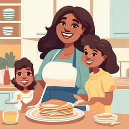 A cheerful, curvy mother lovingly serving a stack of fluffy pancakes to her excited children in a cozy kitchen.