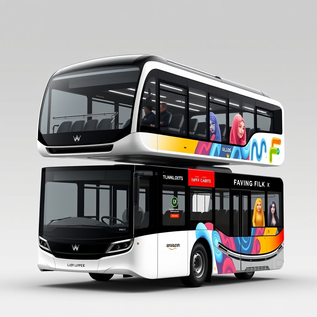 A modern double-decker bus design, showcasing an innovative two-story structure