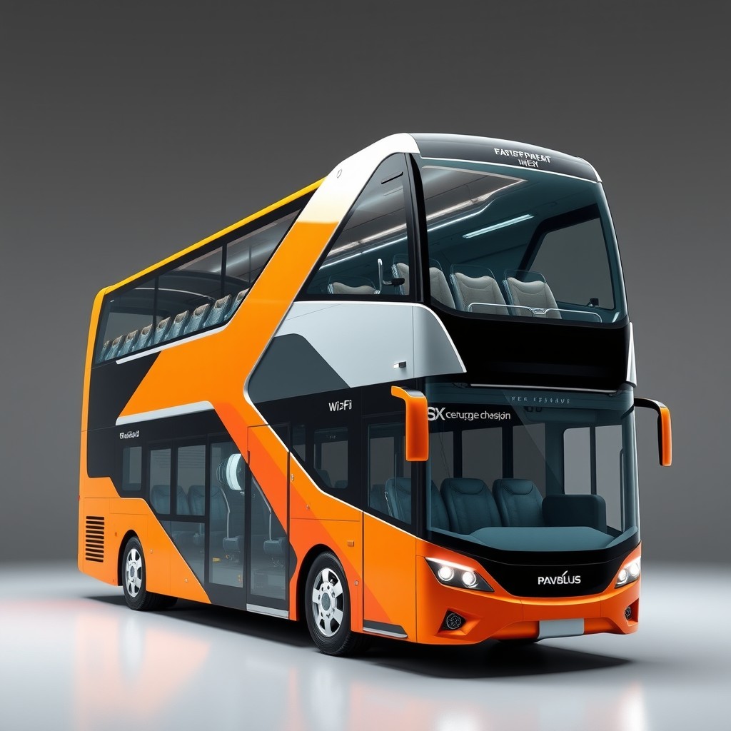 A state-of-the-art double-decker bus design that emphasizes modern features and comfort for passengers
