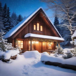 A picturesque wooden mountain cottage enveloped in snow on a tranquil winter night, adorned with festive Christmas decorations and a luminescent Christmas tree casting soft light.