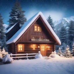 A picturesque wooden mountain cottage enveloped in snow on a tranquil winter night, adorned with festive Christmas decorations and a luminescent Christmas tree casting soft light.