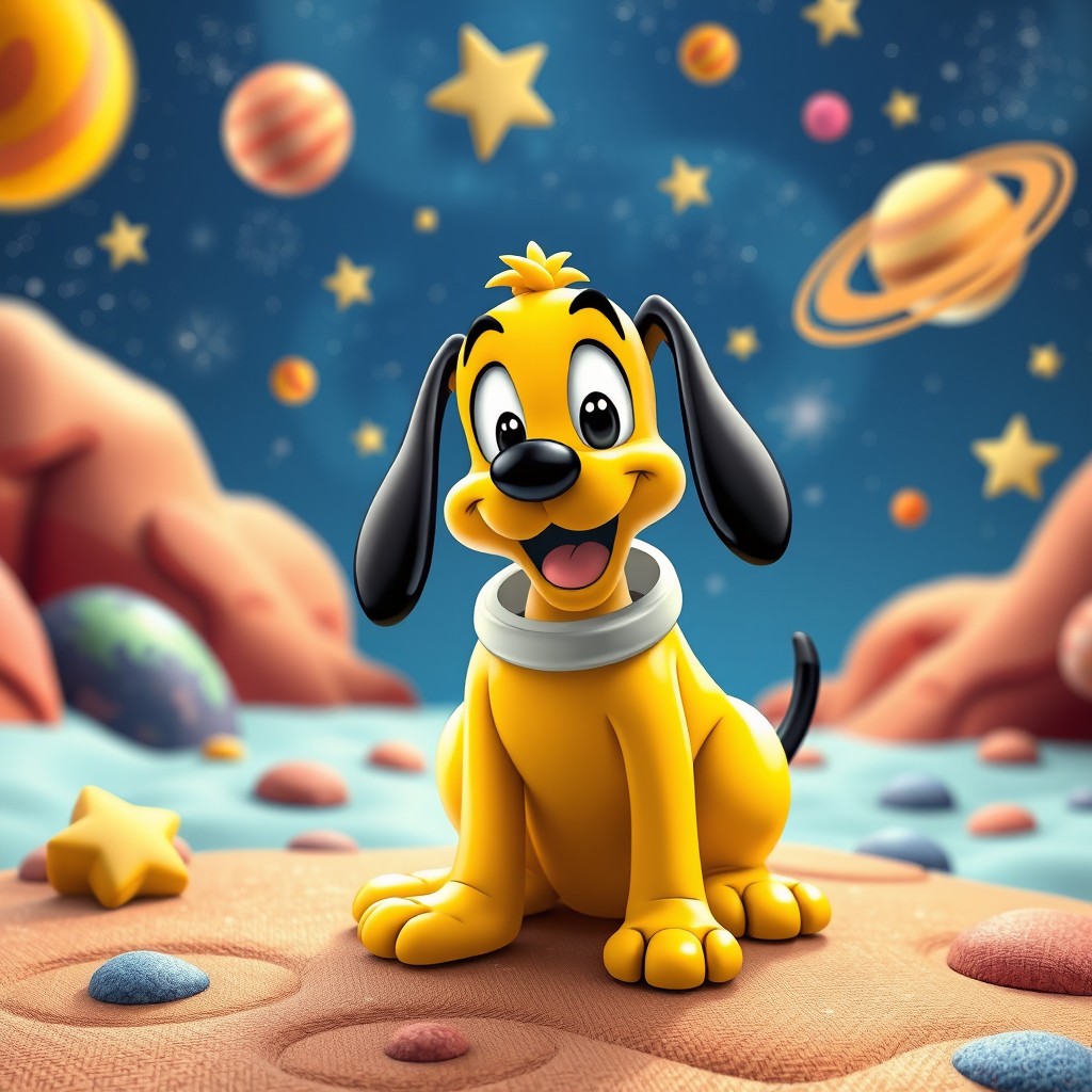 An animated Pluto in a whimsical and cartoonish style, featuring a vibrant and colorful landscape with playful textures