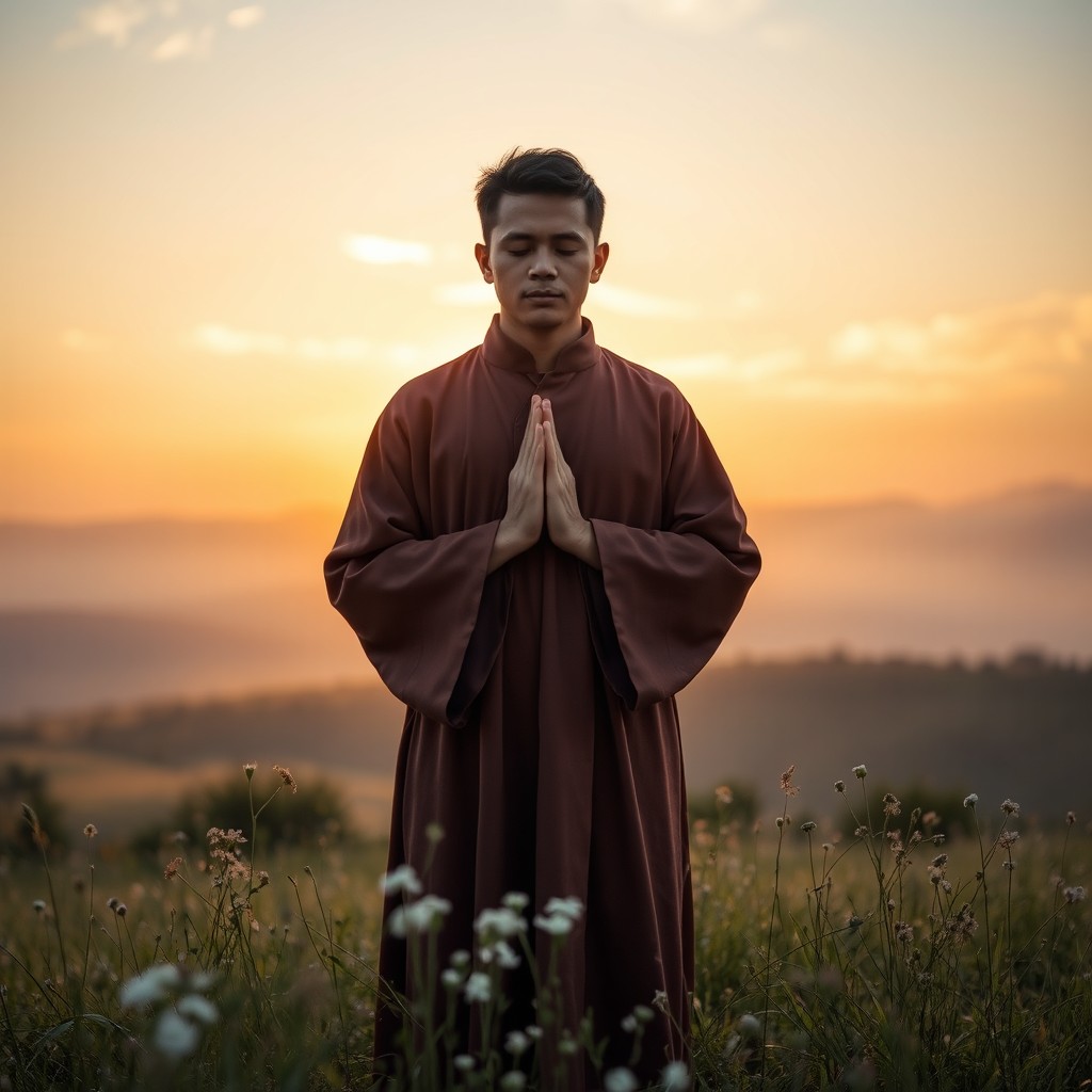 A serene and tranquil scene of a person praying, dressed in traditional robes, with hands clasped together in front of their chest