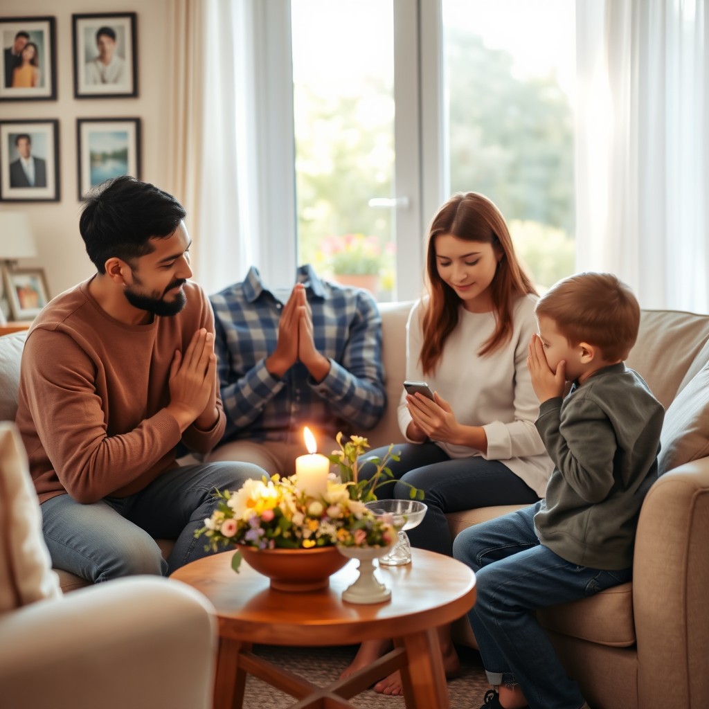 A heartwarming scene of a diverse family gathered together in a cozy living room, with hands joined in prayer