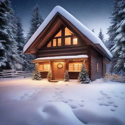 A picturesque wooden mountain cottage enveloped in snow on a tranquil winter night, adorned with festive Christmas decorations and a luminescent Christmas tree casting soft light.