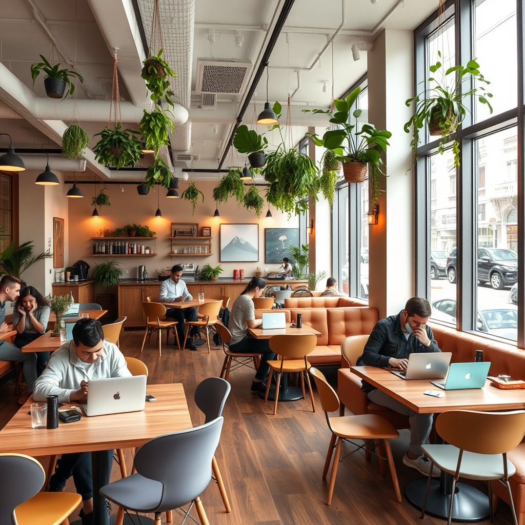A vibrant and modern coworking space created from a renovated restaurant, featuring comfortable seating arrangements with stylish tables, ergonomic chairs, and a relaxed atmosphere
