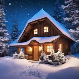 A picturesque wooden mountain cottage enveloped in snow on a tranquil winter night, adorned with festive Christmas decorations and a luminescent Christmas tree casting soft light.