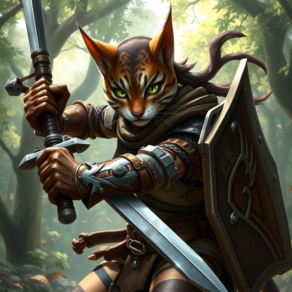 A fierce female tabaxi fighter in an action pose, wielding a sword and a shield