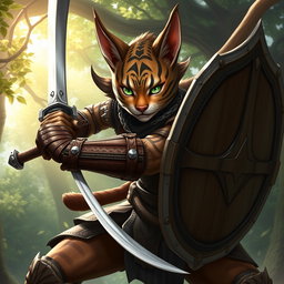 A fierce female tabaxi fighter in an action pose, wielding a sword and a shield