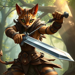 A fierce female tabaxi fighter in an action pose, wielding a sword and a shield