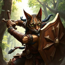 A fierce female tabaxi fighter in an action pose, wielding a sword and a shield