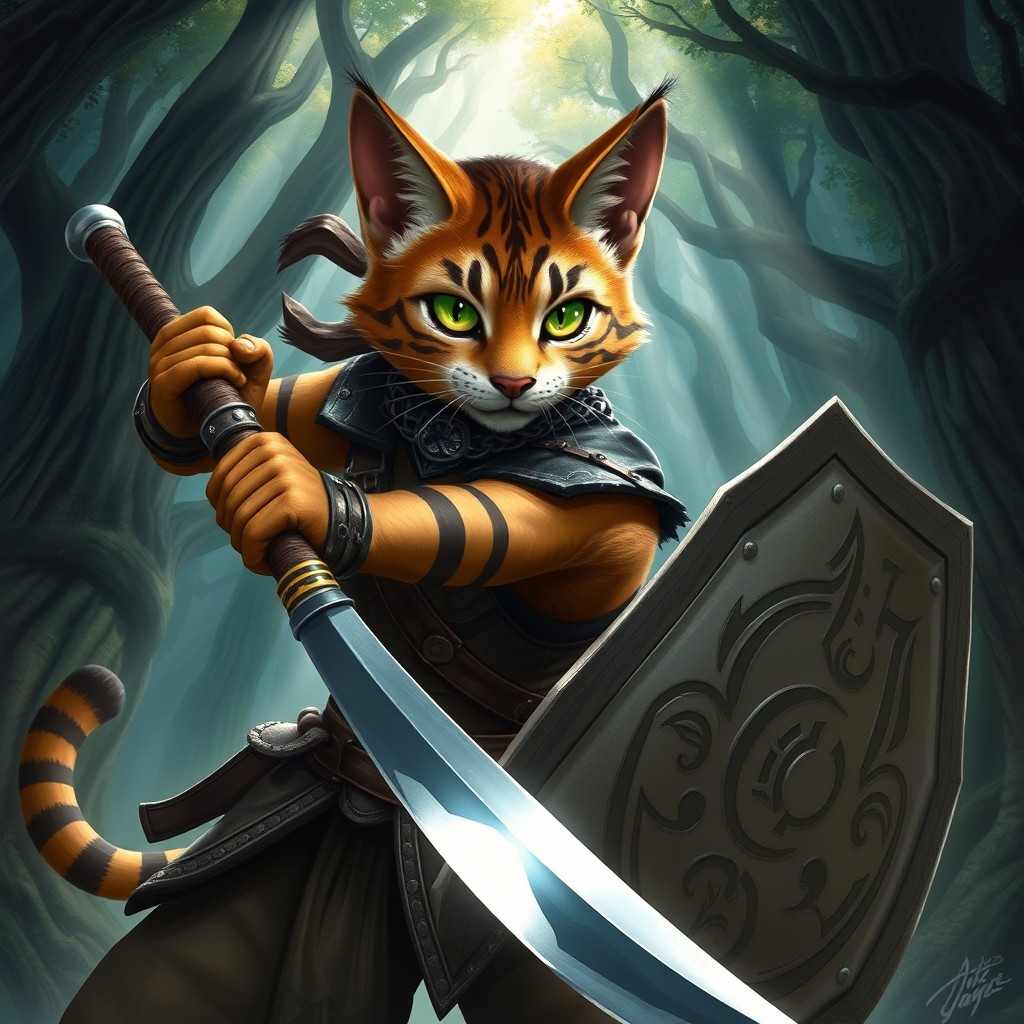 A fierce female tabaxi fighter in an action pose, brandishing a sword in one hand and a shield in the other