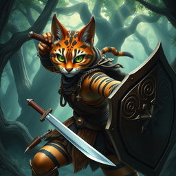 A fierce female tabaxi fighter in an action pose, brandishing a sword in one hand and a shield in the other