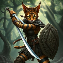 A fierce female tabaxi fighter in an action pose, brandishing a sword in one hand and a shield in the other