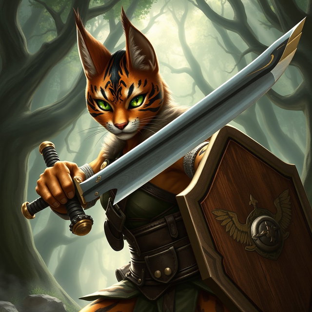 A fierce female tabaxi fighter in an action pose, brandishing a sword in one hand and a shield in the other