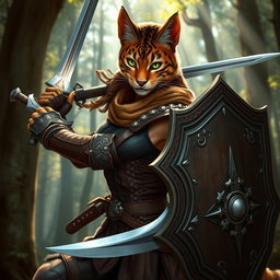 A powerful female tabaxi fighter, poised in an action stance with a gleaming sword in one hand and a sturdy shield in the other